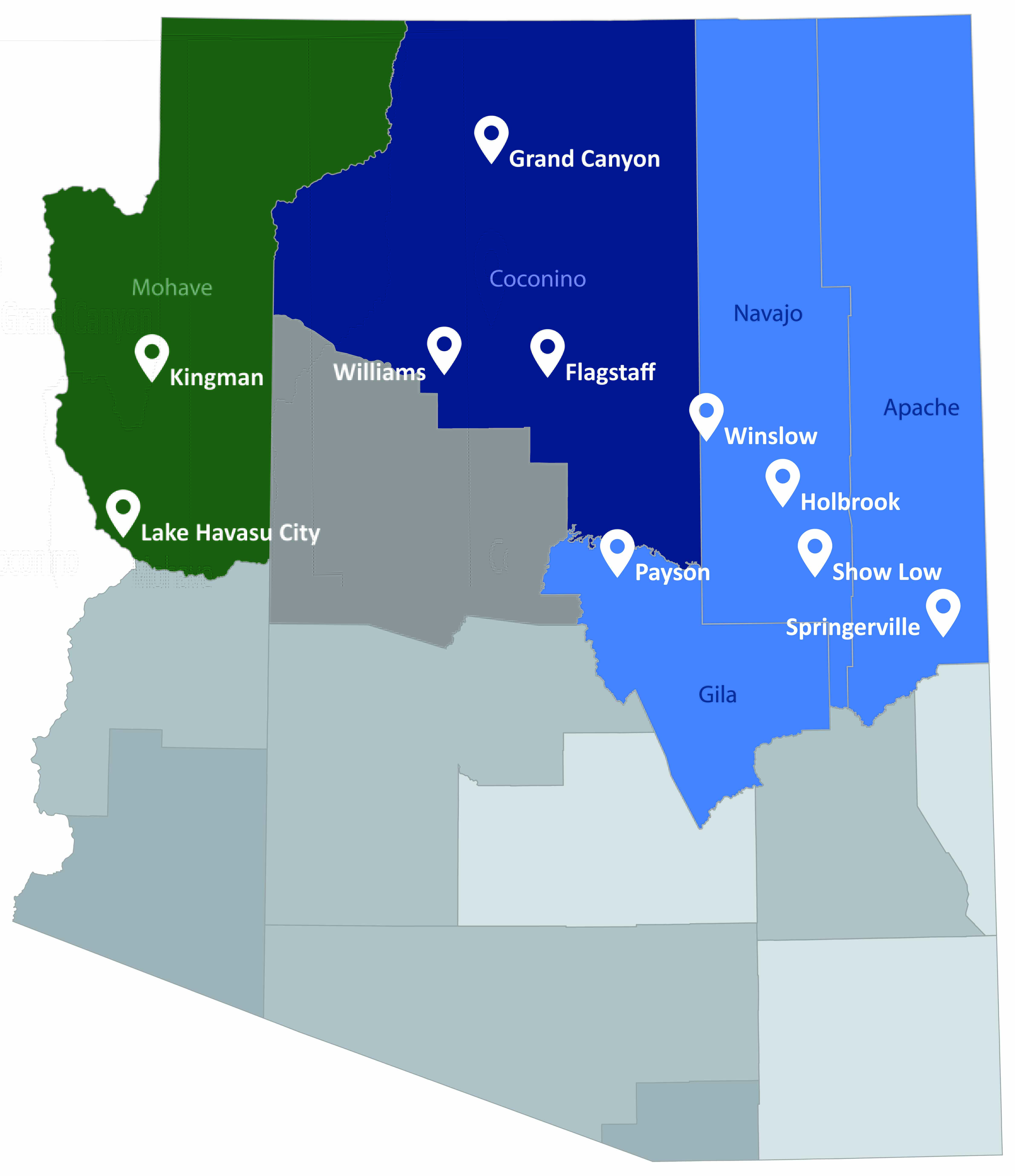 Map of all Elk Ridge Community Health clinic locations across northern Arizona